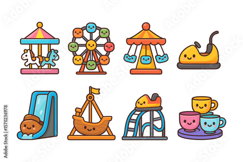 Amusement park ride icons vector illustration in cute flat style for card or poster design