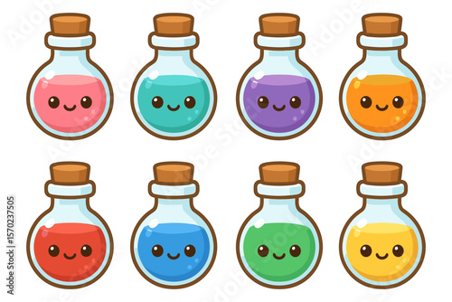 Cute potion bottles vector illustration for fantasy and gaming themes in flat style