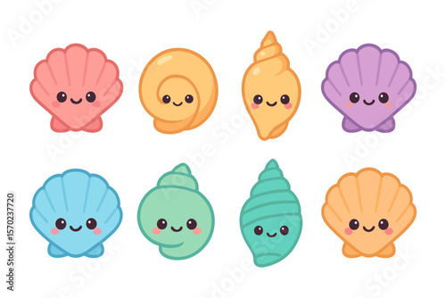 Cute seashell characters vector illustration: nautical theme for summer design