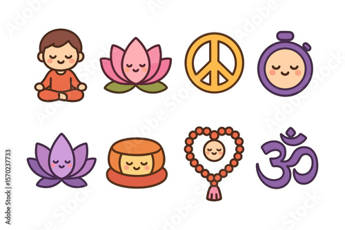 Meditation and peace icons vector illustration - design for mindfulness print or poster in cute flat style