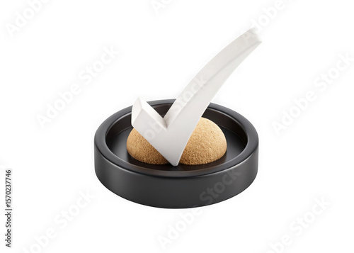 White check mark symbol resting on a textured sphere inside a black circular base isolated on transparent background