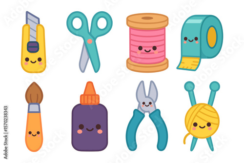 Cute kawaii craft tools vector illustration for design projects