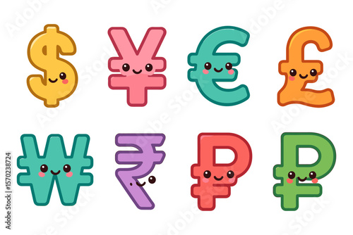 Cute currency symbols vector illustration for financial designs in line art style