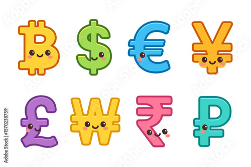 Cute currency symbols vector illustration for financial education and design in flat style