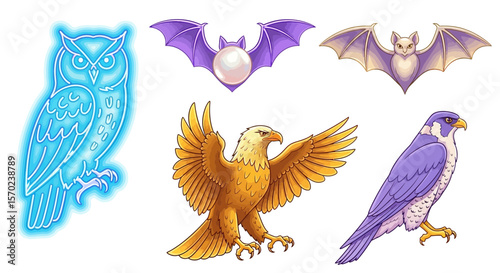 Vector illustration of owl eagle falcon and bat vector art drawing nocturnal birds and animals wildlife design element