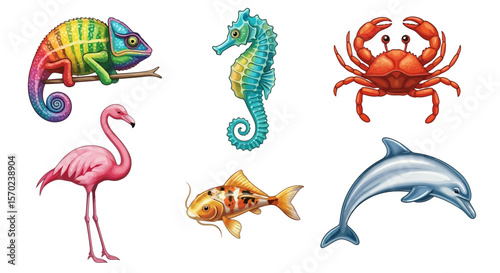 Vector illustration of colorful wildlife animals including chameleon seahorse crab flamingo koi and dolphin drawing art 1