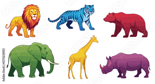 Vector colorful cartoon wild animals illustration vector art lion tiger bear elephant giraffe rhino zoo safari drawing