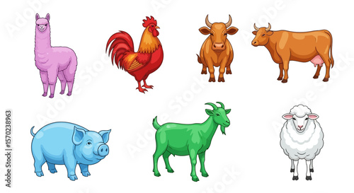 Vector illustration of farm animals including cow, pig, goat, sheep, rooster and llama vector artwork