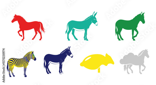Vector colorful horses donkeys zebras vector illustration equine animals silhouette farm livestock graphic design art