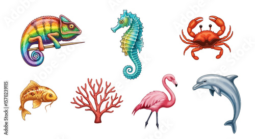 Vector illustration of colorful animals including chameleon, seahorse, crab, fish, coral, flamingo, dolphin
