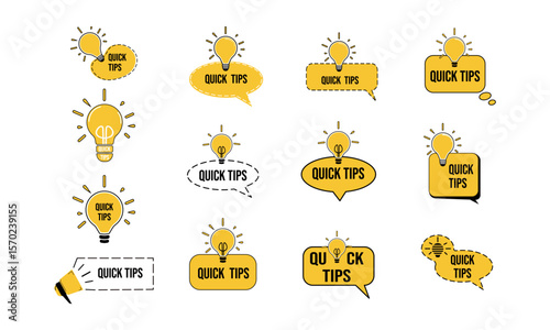 Set of Quick tips with lightbulb, helpful tricks vector logos, emblems and banners vector set isolated. Helpful idea, solution and trick illustration