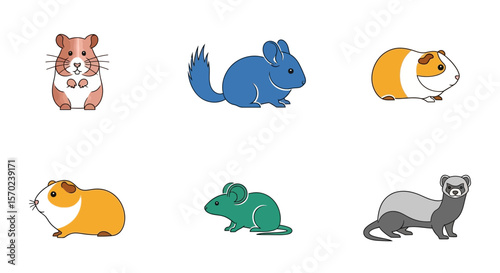 Vector explore adorable small pets hamster chinchilla guinea pig mouse ferret vector illustration collection set