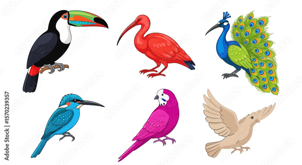 Naklejka premium Vector explore vibrant bird species illustration featuring toucan ibis peacock kingfisher parrot and dove artwork design