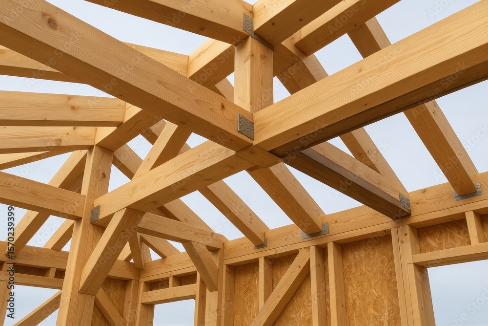 Obraz premium Wooden roof truss construction system with precision-engineered timber framing and structural beams