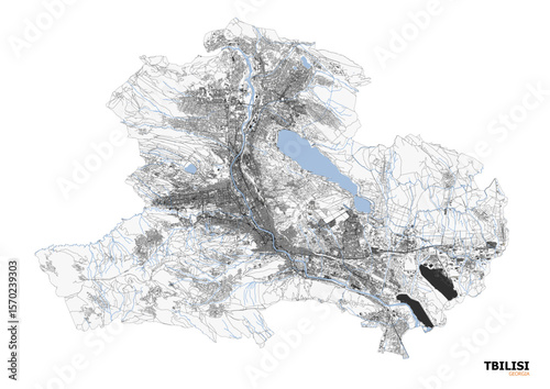 Vector map of Tbilisi, Georgia. Shows highways, the Kura River, and varied urban areas. Highlights its unique hilly terrain and historical cityscape as a Eurasian capital