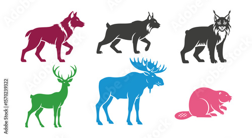 Vector wildlife vector illustration featuring wolf lynx deer moose and beaver animal silhouettes for graphic design