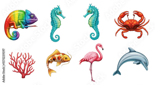 Vector colorful sea animals vector illustration: chameleon, seahorse, crab, coral, koi fish, flamingo, dolphin