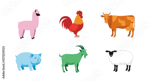 Vector farm animals illustration vector set featuring cow pig sheep goat rooster and llama for educational use