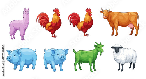 Vector cartoon farm animals illustration featuring cow, pig, goat, sheep, llama and rooster vector drawing art