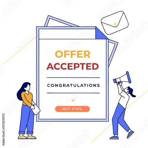 Two people celebrate as an offer is accepted with congratulations and next steps indicated on a document with an envelope flying above