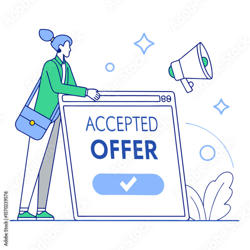 Woman proudly stands by a digital screen displaying accepted offer with a checkmark and a megaphone announcing the good news
