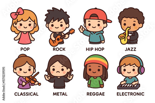 Cute characters representing music genres vector illustration for design and educational materials