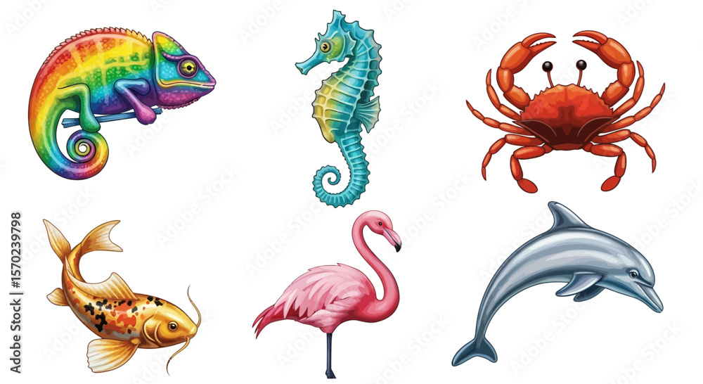 Obraz premium Vector colorful animals illustration featuring chameleon, seahorse, crab, koi fish, flamingo and dolphin drawing art 100