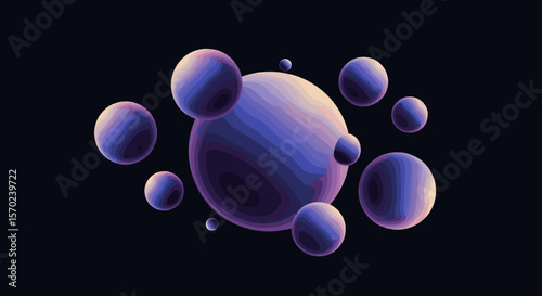Abstract purple spheres floating in dark space background