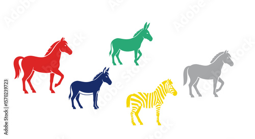 Vector colorful horses donkeys and zebra illustration vector art animal clip art equine mammal wildlife design 100
