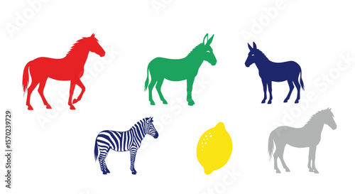 Vector colorful horse donkey zebra and lemon vector illustration for animal themed design projects and art prints
