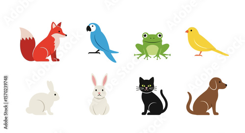 Vector collection of cartoon animals vector illustration featuring fox parrot frog canary rabbit cat and dog design
