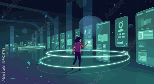 Woman Interacting with Futuristic Digital Interface in Metaverse