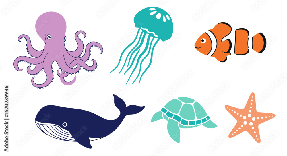 Naklejka premium Vector ocean animals clip art vector illustration featuring octopus jellyfish clownfish whale turtle starfish design