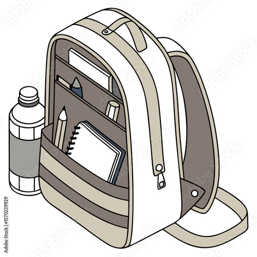 A stylish modern beige and white backpack with multiple compartments filled with school supplies and a water bottle standing beside it
