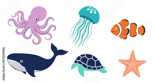 Vector ocean animals vector illustration featuring octopus jellyfish clownfish whale turtle and starfish design set