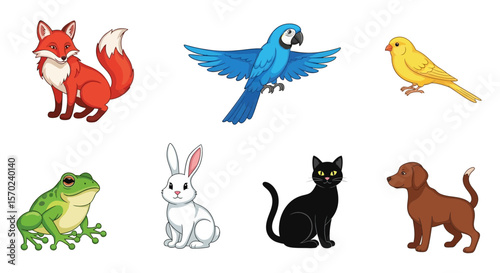 Vector cartoon animals illustration featuring fox parrot canary frog rabbit cat and dog vector graphic design art