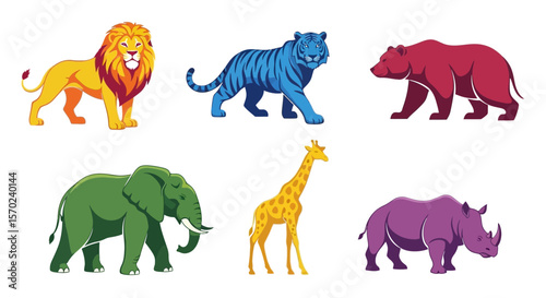 Vector colorful cartoon african animals illustration of lion tiger bear elephant giraffe and rhinoceros isolated