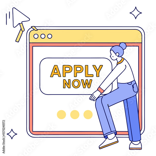 Modern flat illustration of a person interacting with a digital screen displaying the text apply now with a cursor hovering nearby