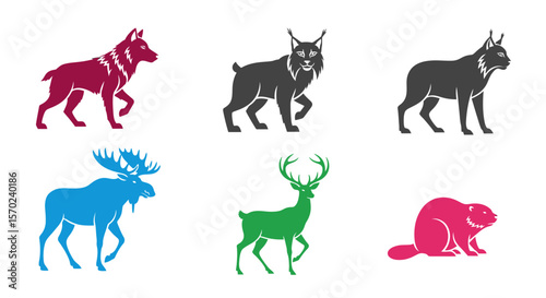 Vector illustration of forest animals wolf lynx moose deer and beaver vector graphic design for wildlife concept 100