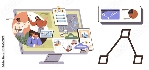 Desktop monitor showing team collaboration, workflow charts, analytics dashboards, and communication tools. Ideal for collaboration, teamwork, project management, digital innovation, strategy data