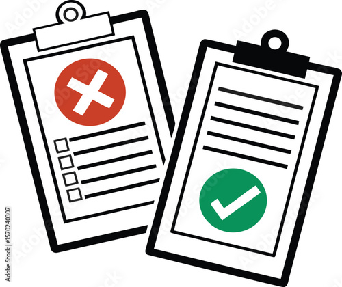 Two clipboards showing a red cross and a green checkmark with checklist.
