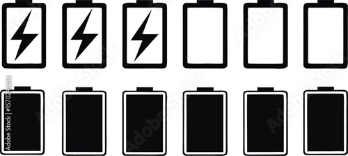 Set of battery level indicators showing full charging and empty states.