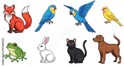 Vector cartoon animals vector illustration featuring fox parrot dog cat rabbit frog and canary clip art design