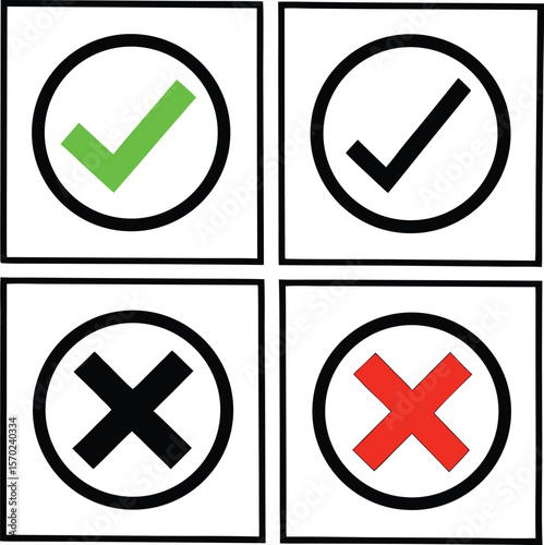 Four checkmark and cross symbols in circles and squares for voting.
