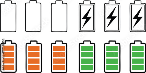 Battery charge level indicators showing empty low medium and full power.