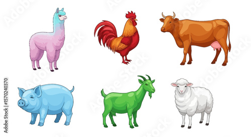 Vector illustration of farm animals including cow, rooster, pig, goat, sheep and llama vector drawing art design