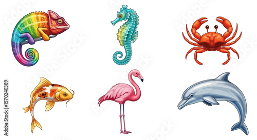 Vector colorful animals illustration featuring chameleon, seahorse, crab, koi fish, flamingo and dolphin art