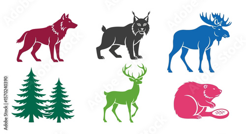 Vector wildlife animals vector illustration featuring wolf lynx moose deer beaver and pine trees design element