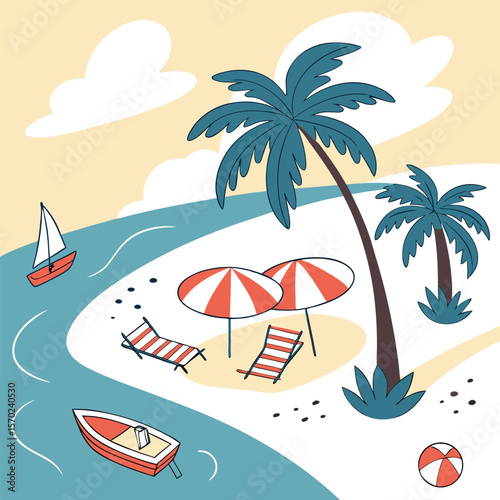 A charming cartoon illustration depicts a serene tropical beach scene with two palm trees two lounge chairs and two umbrellas on a sandy shore next to calm blue water with a sailboat and a small boat