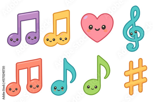 Kawaii music notes vector illustration for fun design in flat style